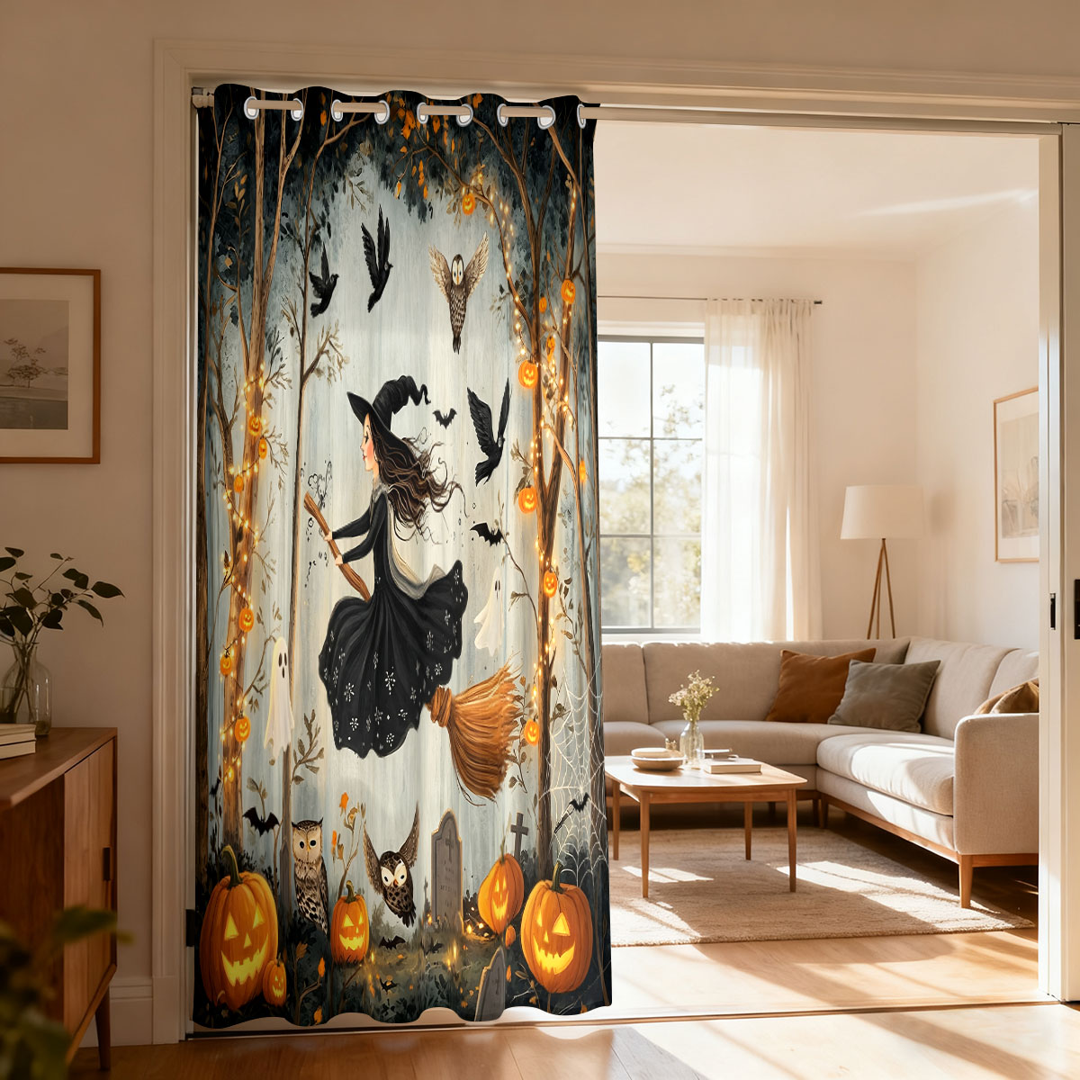 Home Decor Curtains - 1PC Halloween Witch Pumpkin Ghost Forest